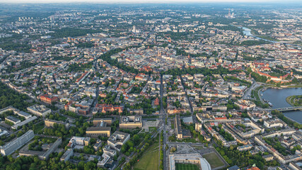 Drone view of central square of Krakow, Poland. Other streets and buildings surrounding center.
