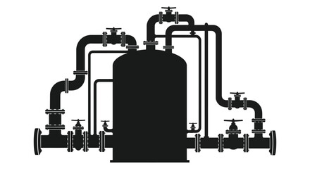 Industrial piping system with a large central tank stark black silhouette