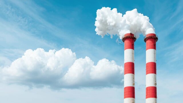 Industrial chimney with smoke pollution against bright blue sky and clouds, highlighting environmental impact and calm atmosphere