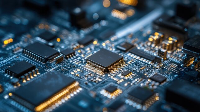 A close-up of circuit boards and microchips, highlighting the intricate technology that powers devices.