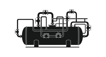 Industrial tank with complex piping system and valves a dark silhouette