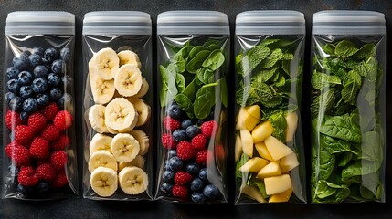 Fresh ingredients for smoothies in glass containers with berries, banana slices, spinach, and mango chunks ready for healthy breakfast preparation.