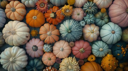 Colorful assortment of heirloom pumpkins and gourds in various sizes, shapes, and pastel colors creating a festive autumn harvest display.
