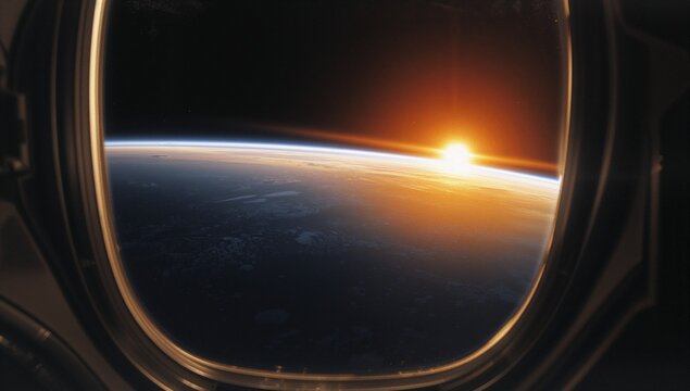 Capturing Earth's curved horizon with thin blue limb and sunrise through oval capsule window frame - Powered by Adobe