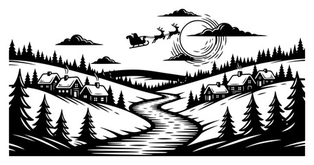 Santa Claus flying in a sleigh over a snowy winter village landscape with pine trees vector illustration in woodcut style © Amelia