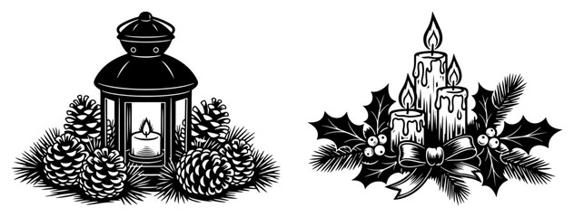 Christmas lantern and candle centerpiece set with pine cones and holly berries vector illustration in vintage engraving style