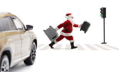 Santa Claus crossing a street and carrying suitcases