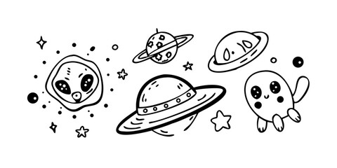 Cute cartoon alien spaceship and meteor with stars