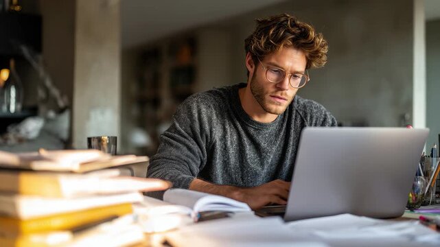 College student focused on studying and working on assignments while using his laptop in a cozy study space during the afternoon