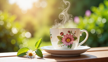 Porcelain steaming teacup with pink flower pattern and fresh leaves beside it on wooden table in garden setting