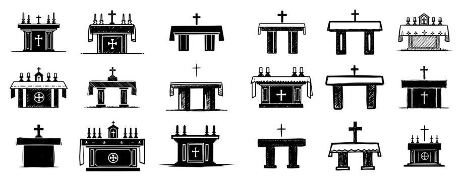 Church altar and sanctuary table vector icon set featuring religious furniture with candles and cross symbols for mass or communion design