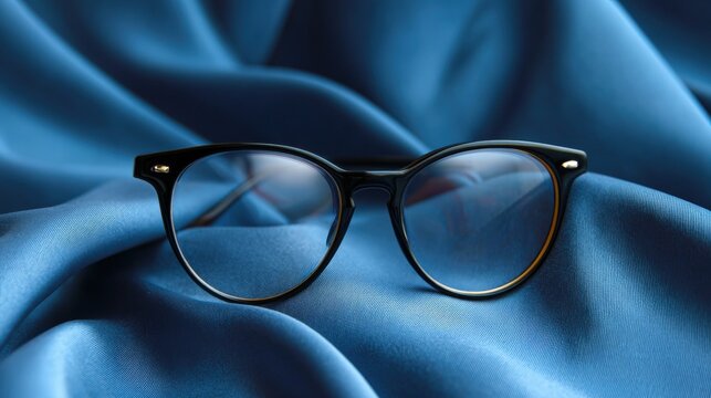 Pair of round sunglasses resting on a blue satin fabric. the glasses have a black frame with gold accents and clear lenses. the background is blurred, making the glasses the focal point of the image.