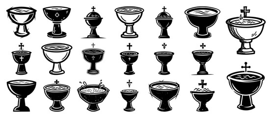 Baptismal font and holy water basin vector collection featuring church christening bowls with cross symbols for religious sacrament design