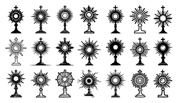 Catholic monstrance icon set with various liturgical vessels for eucharistic adoration and corpus christi