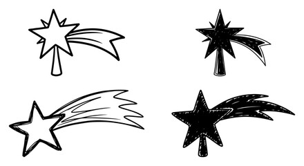Set of four shooting stars of bethlehem and christmas tree toppers vector black and white sketch illustration © Amelia