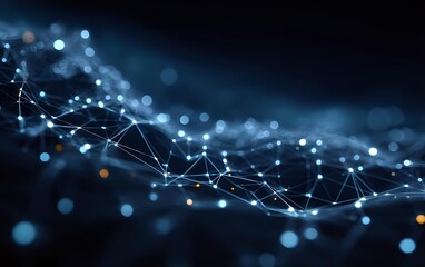 Abstract digital network visualization with glowing blue connections on dark background, representing technology, data, and connectivity concepts.