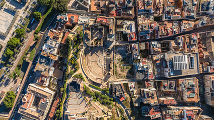 Aerial view of castle, Roman amphitheater. Roman Theater of Cartagena, Spain. Attractions concept.
