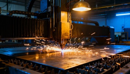 CNC laser cutting machine processing a metal sheet with sparks. Industrial metalworking and manufacturing process in a factory. Modern automation and precision engineering technology.