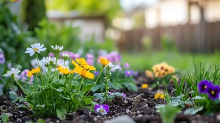 A close-up of colorful spring flowers, like daisies and pansies, growing in a well-maintained garden.