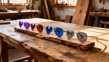 A collection of colorful aviator sunglasses on display in a rustic workshop. Stylish fashion eyewear with different colored lenses on a wooden workbench