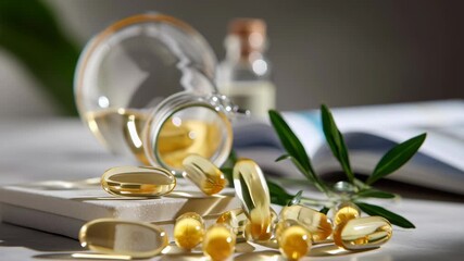 Golden softgel capsules spilled from glass bottle with green leaf and natural capsule health, softgel vitamin capsules with olive - Powered by Adobe