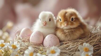 Adorable white and brown baby chicks nestled in straw nest with pink speckled eggs, surrounded by delicate spring daisies on soft pink background.