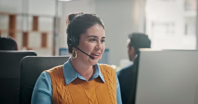 Smile, reading or woman in office with headset, contact us or communication in customer service. Telecom, talking or consultant in agency with tech, virtual advisory or support in client assistance.