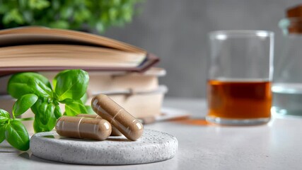 Herbal supplement capsule with green leaf and natural medicine, promoting wellness and health concept with warm light background - Powered by Adobe