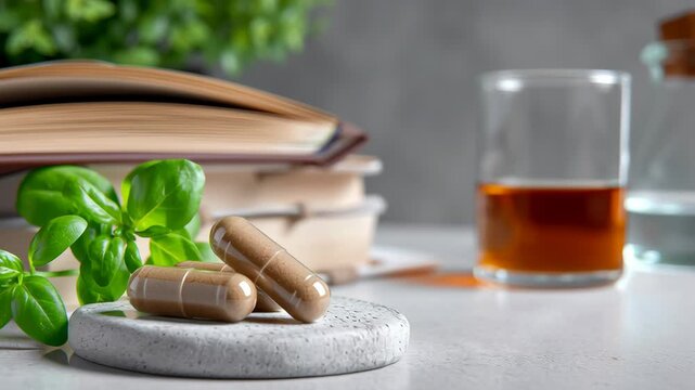 Herbal supplement capsule with green leaf and natural medicine, promoting wellness and health concept with warm light background