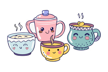 Cute kawaii coffee cups and teapot with faces vector