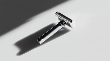 Fototapeta premium Close-up of a safety razor on a white background. the razor is made of stainless steel and has a sleek, modern design. it has a handle with a curved shape and a sharp blade.