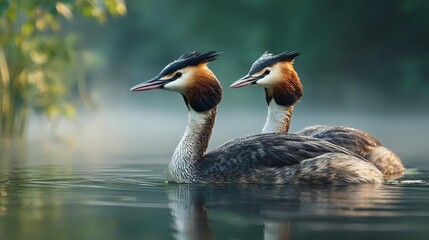Fototapeta premium Pair of great crested grebes swimming together on misty lake water at dawn, showcasing elegant breeding plumage and synchronized movement.