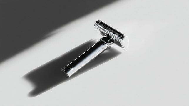 Close-up of a safety razor on a white background. the razor is made of stainless steel and has a sleek, modern design. it has a handle with a curved shape and a sharp blade.