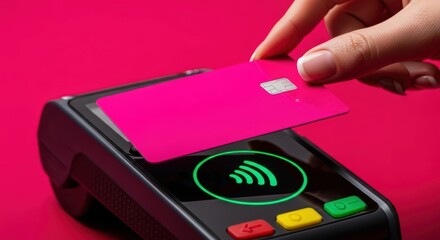 Woman using a pink credit card for contactless payment on point of sale terminal. Modern financial transaction technology concept for retail business.