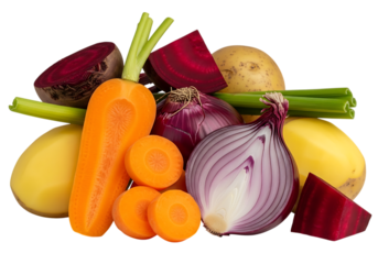 Assortment of fresh raw root vegetables including carrot, beet, potato, and red onion, isolated on transparent background