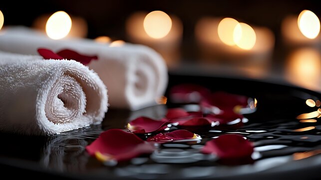 Rolled white towels and red rose petals floating in water at luxury spa with soft bokeh lights in background for wellness and relaxation concept.