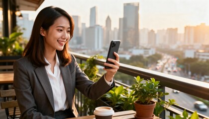 Smiling Asian businesswoman using a smartphone on a cafe balcony. Professional young woman taking a photo of the city cityscape at sunset