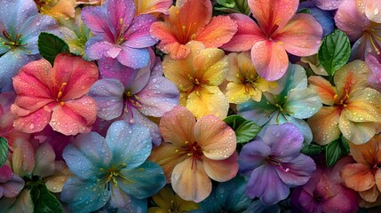 Vibrant colorful azalea flowers in full bloom with water droplets, creating a lush floral background for greeting cards and spring designs.