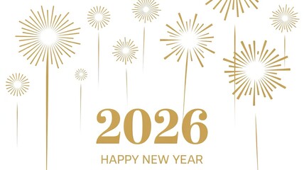 Elegant Gold Fireworks Display Celebrating New Year 2026 Festive Greeting Card Design with Modern Typography and Minimalist Style Ideal for Holiday Invitations and Seasonal Marketing Materials