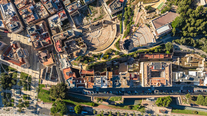 Aerial view of castle, Roman amphitheater. Roman Theater of Cartagena, Spain. Attractions concept.