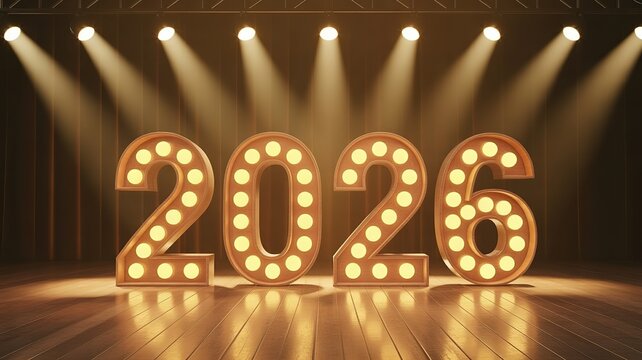 Glowing 2026 New Year Countdown Stage Lights Celebration Event Background Design Element for Party Invitations and Holiday Promotional Materials