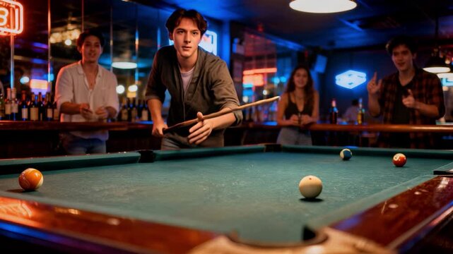 Friends Playing Pool Billiards at Sports Bar Entertainment