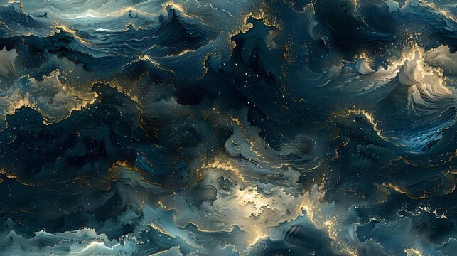 Dramatic stormy ocean waves with golden light breaking through dark blue waters, creating a moody and atmospheric seascape for artistic backgrounds.