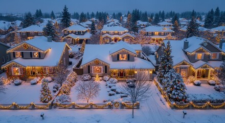 Residential neighborhood with houses decorated with Christmas lights and covered in snow. Festive winter scene for Holiday celebration and winter season.