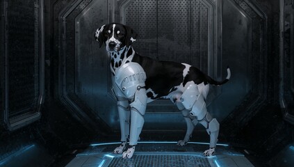 Standing Dalmatian wearing exo armor on grated platform in lab bay, reflecting blue LED glow