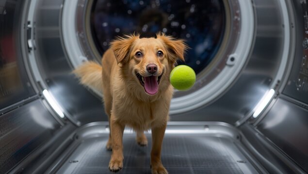 Standing medium golden brown dog wagging tail inside steel washer drum, with tennis ball - Powered by Adobe