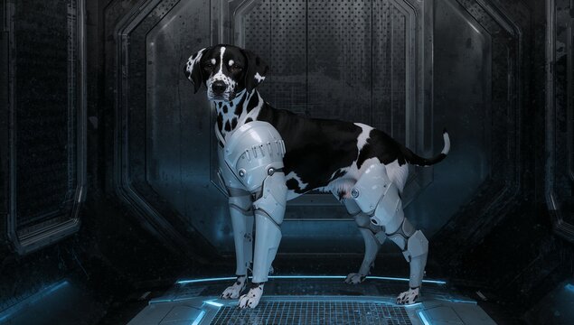 Standing Dalmatian wearing exo armor on grated platform in lab bay, reflecting blue LED glow - Powered by Adobe