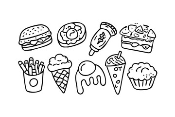 Doodle Style Fast Food Icons Pizza Burgers Fries Donuts