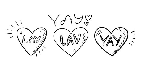 Doodle Style Heart Icons with Handwritten Words love