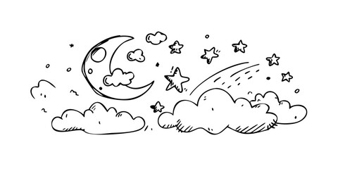Doodle Style Moon and Stars on White Background celestial